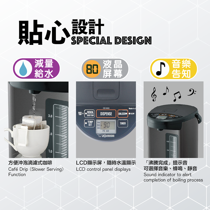A020-02 Zojirushi 微型電腦電熱水器 4/5L CD-NAQ40/CD-NAQ50 日本製造(適用於英國 220V)
